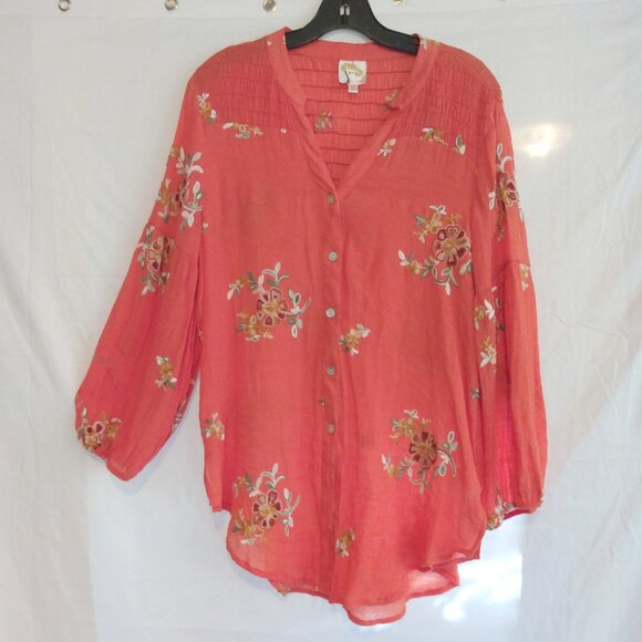 fig and flower Tops - Fig & Flower Blouse XL Floral Artisan Embroidered Boho Cottagecore Smocked Back